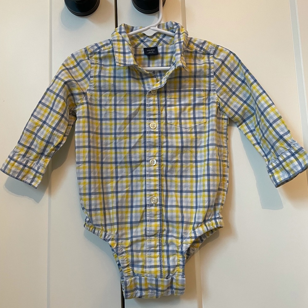 Gap blue yellow plaid button up onesie 12-18m